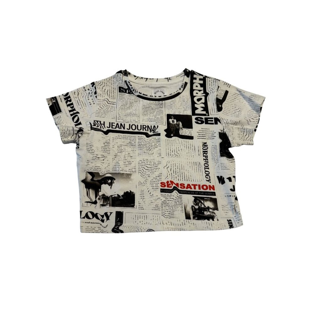 With Jean Newspaper White Short Sleeve Baby Tee Women's Size Small S